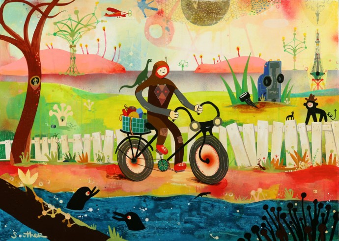 pintura de chico en bicicleta