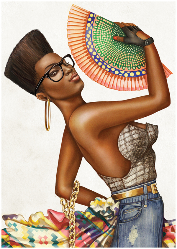 Ilustracion de mujer negra con un abanico