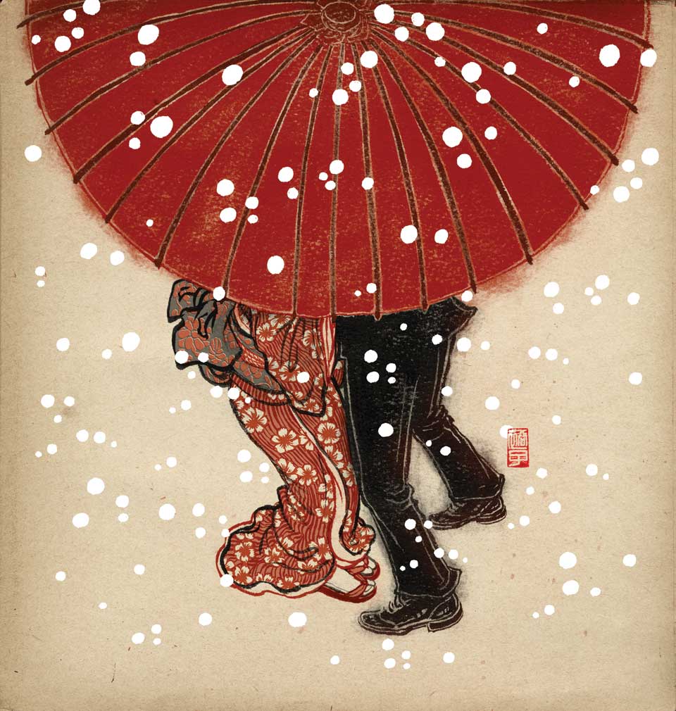 Ilustracion editorial de dos personas japonesas debajo de una sombrilla