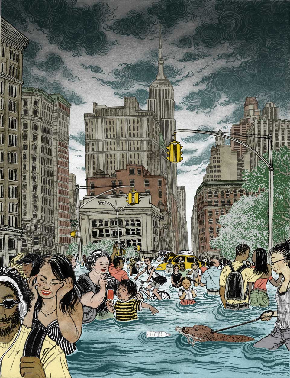 Ilustración de la ciudad de nueva york inundada