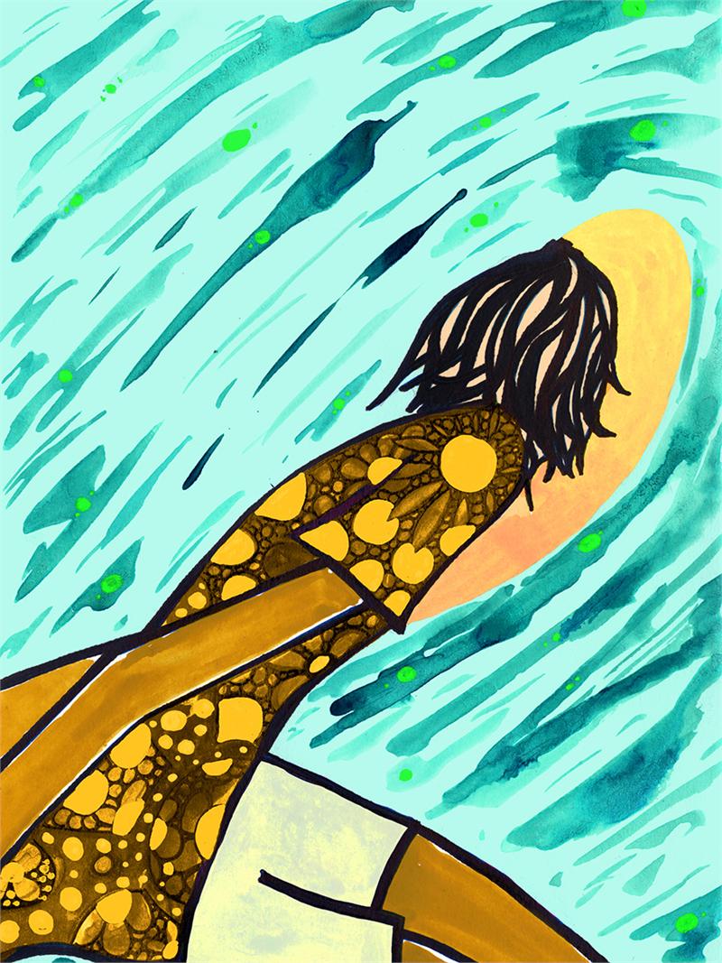 Dibujo de un surfer con colores claros de Andy davis