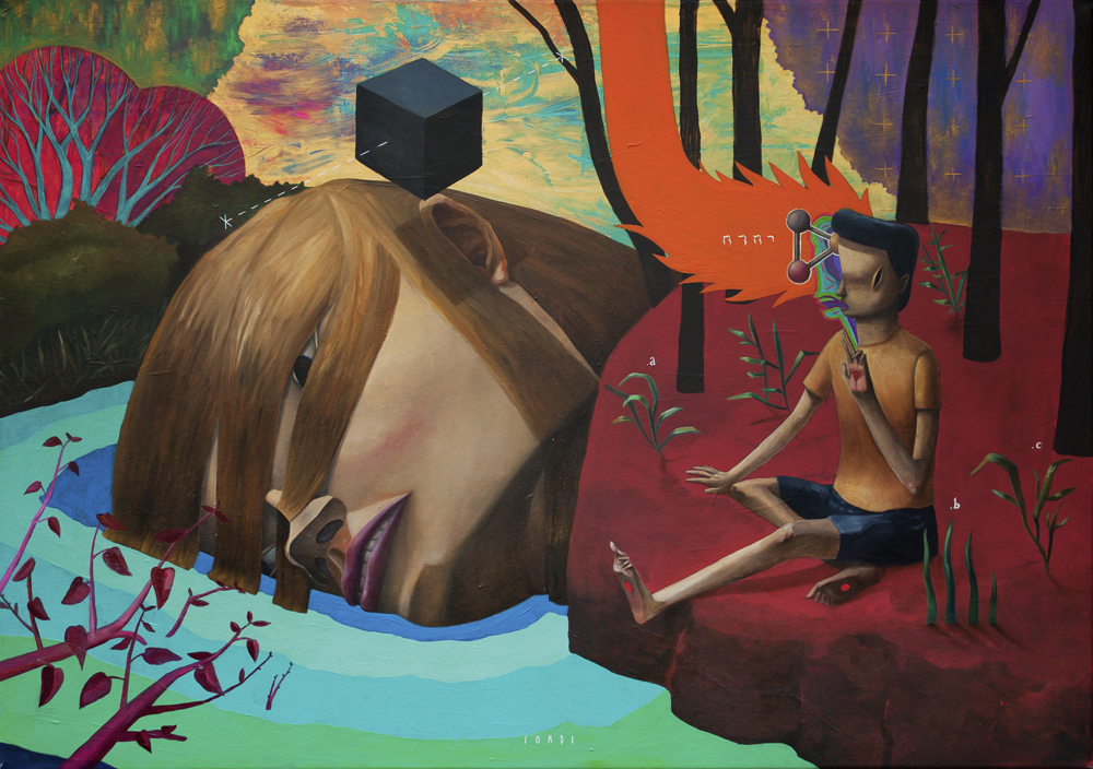 pintura de estilo pop art y surrealista de niño en un río