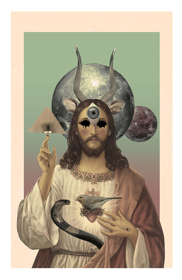 Collage digital con jesucristo y cuernos de cabra creado por David Fallow