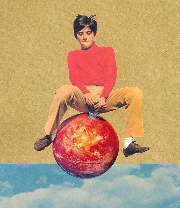 Collage de un niño montado en la bola del planeta tierra