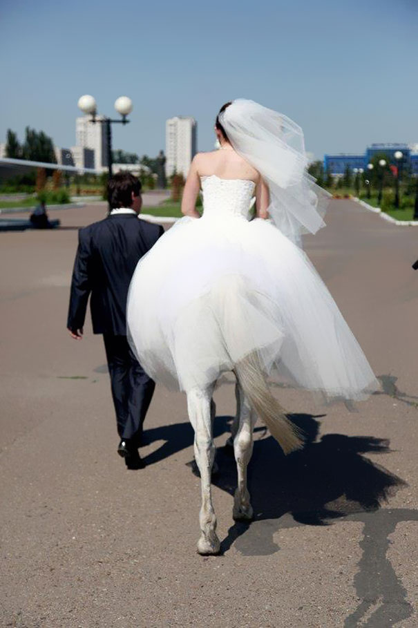 Fotografía del momento justo entre una pareja de boda y un caballo