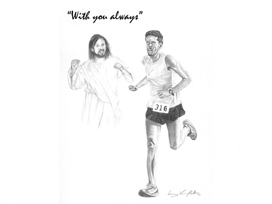 Ilustración de Jesucristo ayudando a un corredor