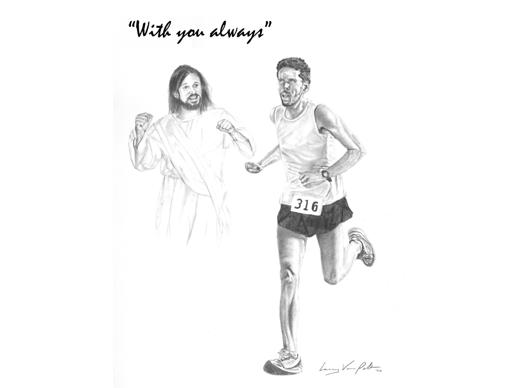 Ilustración de Jesucristo ayudando a un corredor