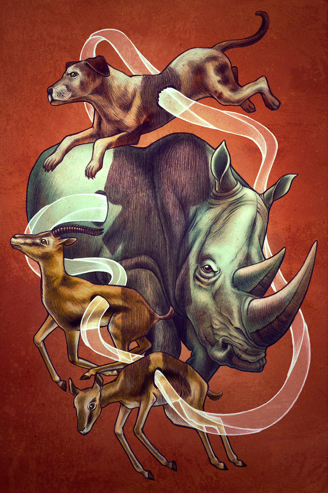 Ilustración para revista de perros, ciervos y rinocerontes hecha por la ilustradora kate-ohara