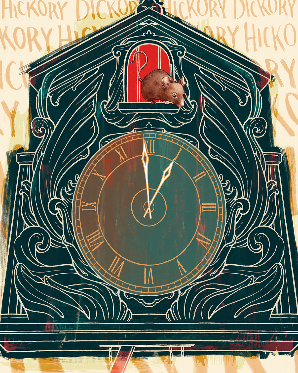 ilustracion editorial de un reloj de pared con un raton kate-ohara