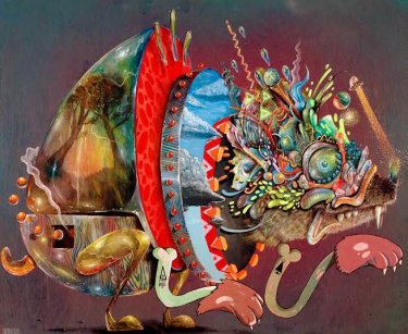 Collage de pinturas que representa un camaleon