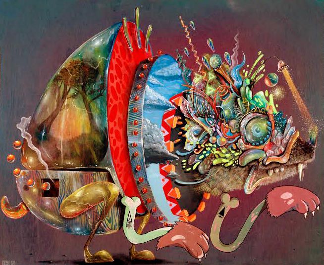 Collage de pinturas que representa un camaleon