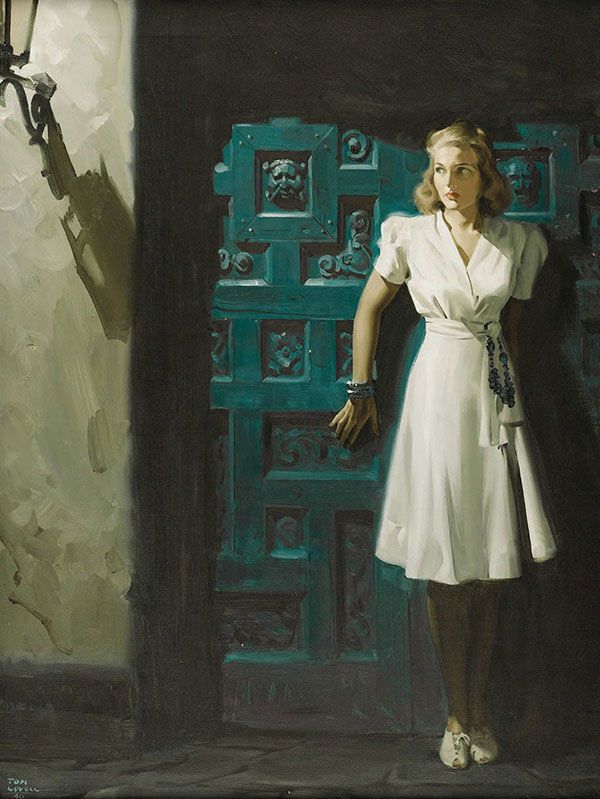 Pintura de una mujer detras de una puerta de Tom lovell