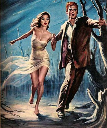 ilustración de pareja corriendo con estilo pulp