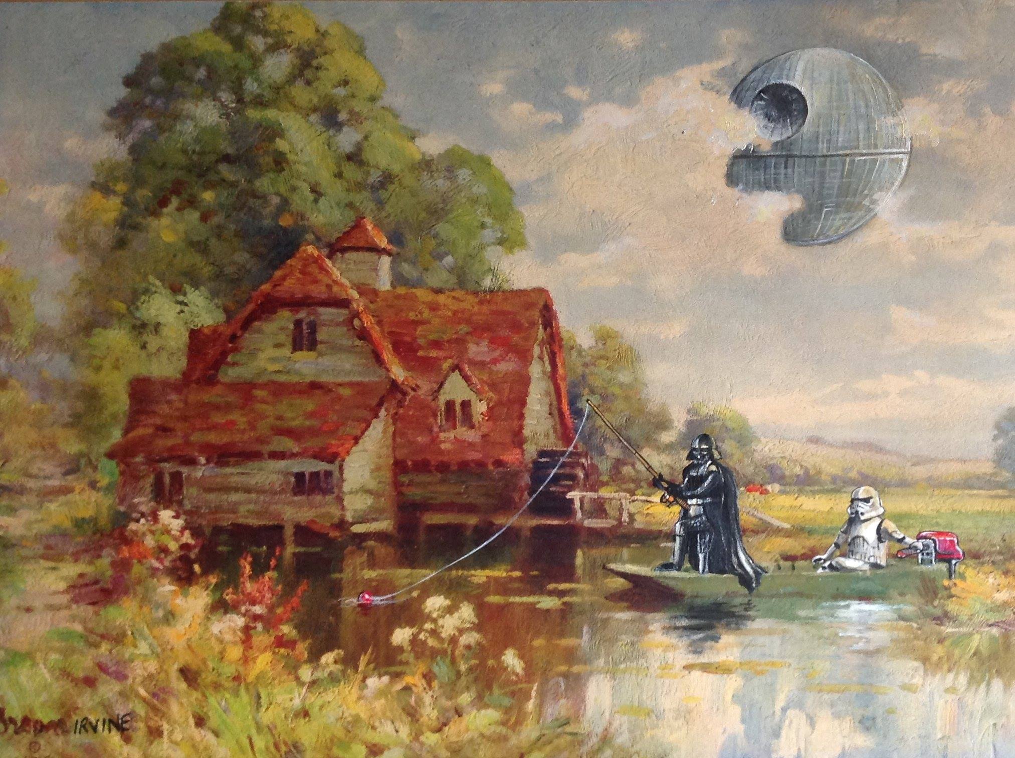 pintura en lago con darth vader y un stormtrooper