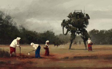 Pintura sobre la guerra polaca mezclada con robots