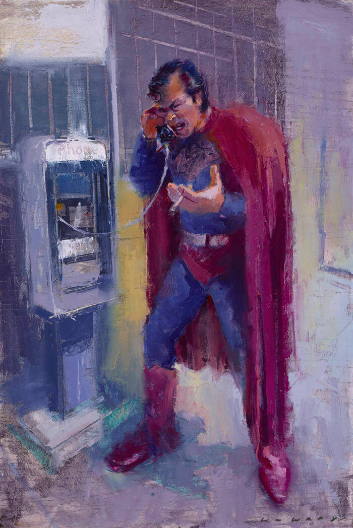 Pintura de superman hablando desde una cabina de telefono hecha por william wray 