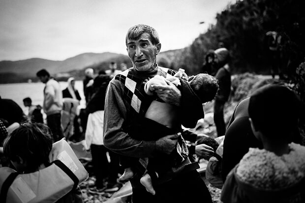 The crossing across the Aegean is notoriously perilous. This man just arrived with his family at Lesbos island; scarred and happy at the same time.