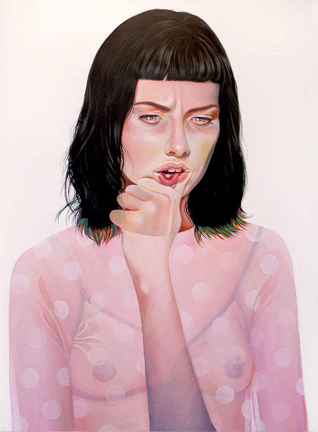 Dibujo de una chica vestida con una camiseta transparente tocandose la boca hecha por Martine Johanna