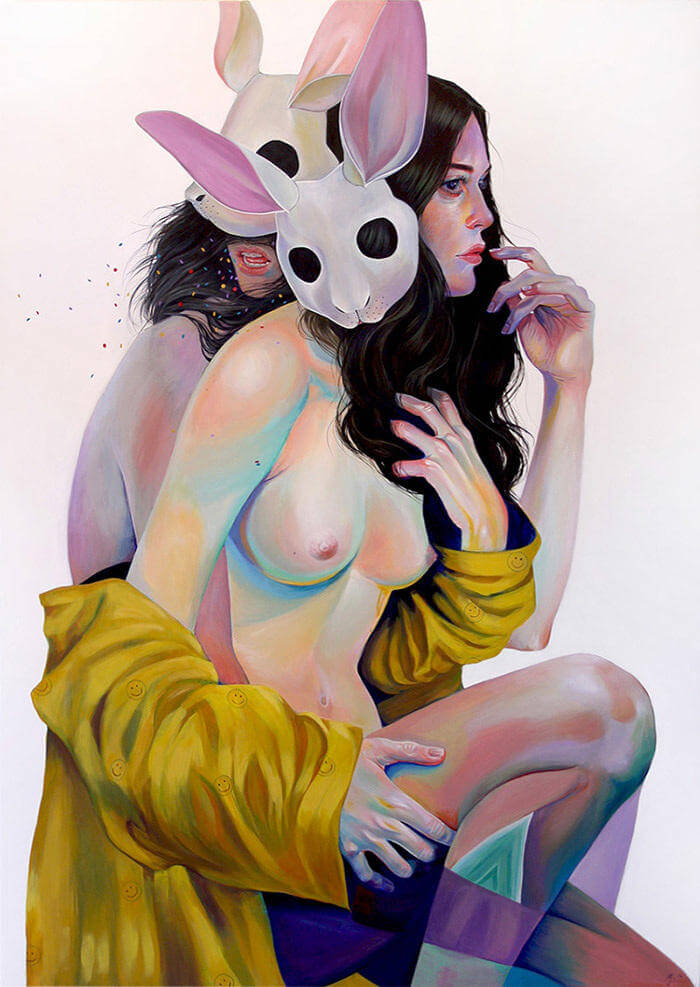Pintura de dos chicas sujetandose desnudas hecha por Martine Johanna 