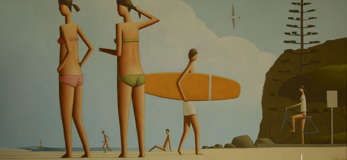 dibujo de chicos en la playa con tabalas de surf hecho por craig parnaby