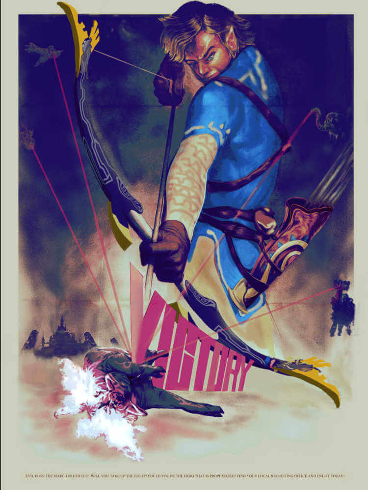 Cartel de legend of zelda con estética de propaganda de la Segunda Guerra Mundial 