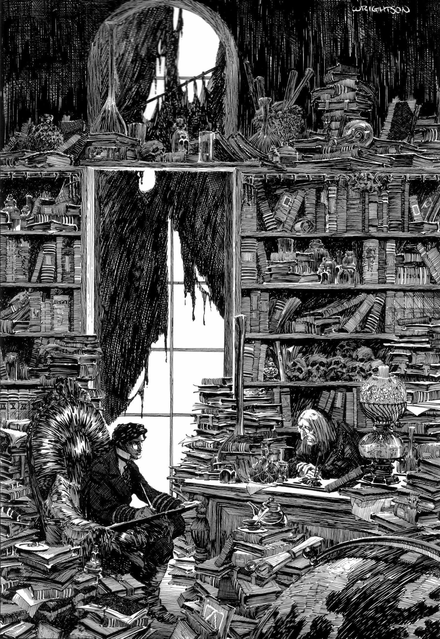 ilustración detallada de biblioteca dibujada por Bernie Wrightson para el comic de frankstein