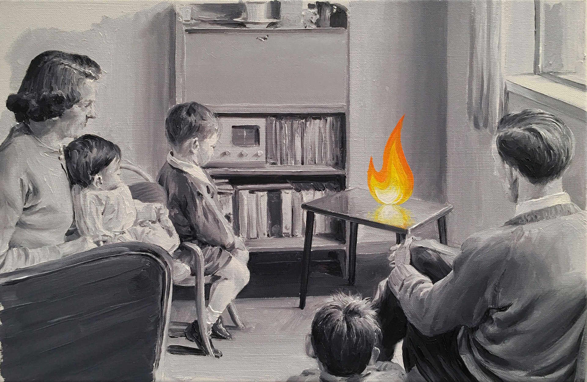 Cuadro surrealista de Paco Poment, familia mirando llama de fuego