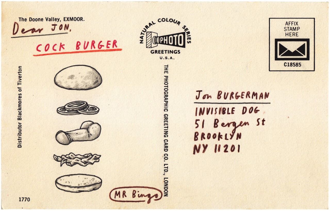 Hamburguesa postal ilustrada por mr. bingo
