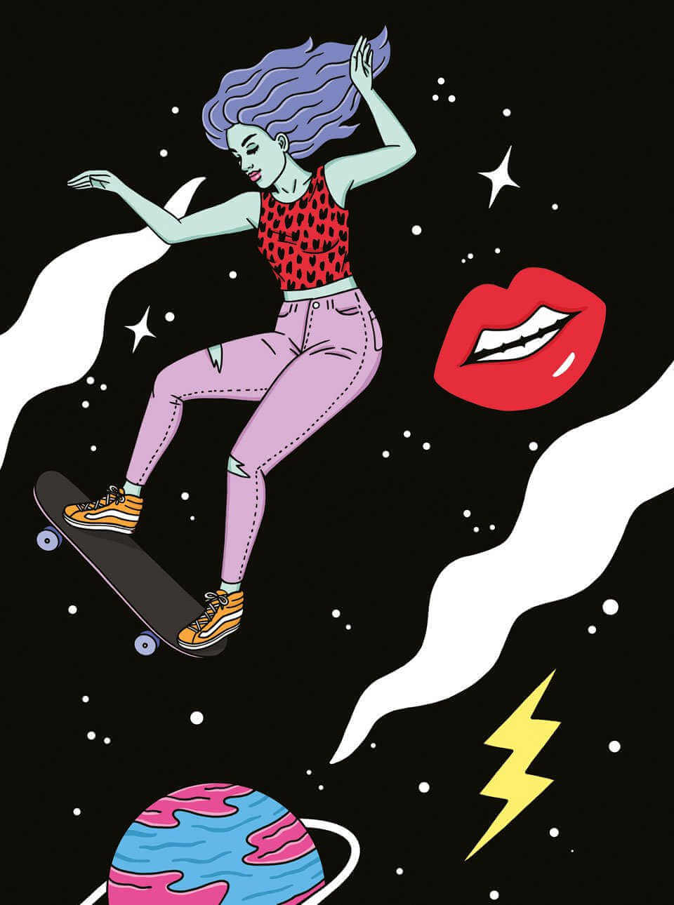 Chica skater en el espacio, ilustracion de Robin Eisenberg