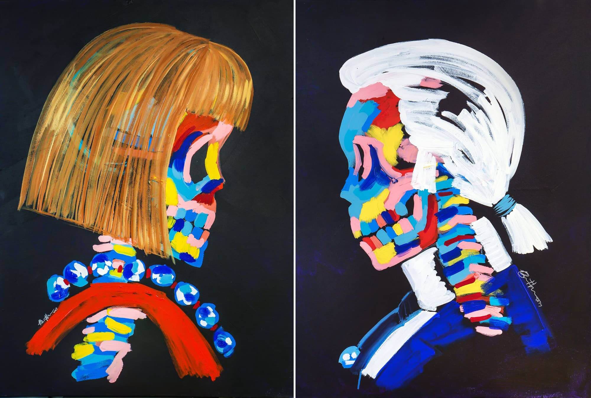 Anna Wintour y Karl Lagerfeld painting