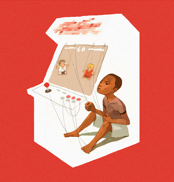 ilustracion de sachin teng de un niño dentro de un arcade