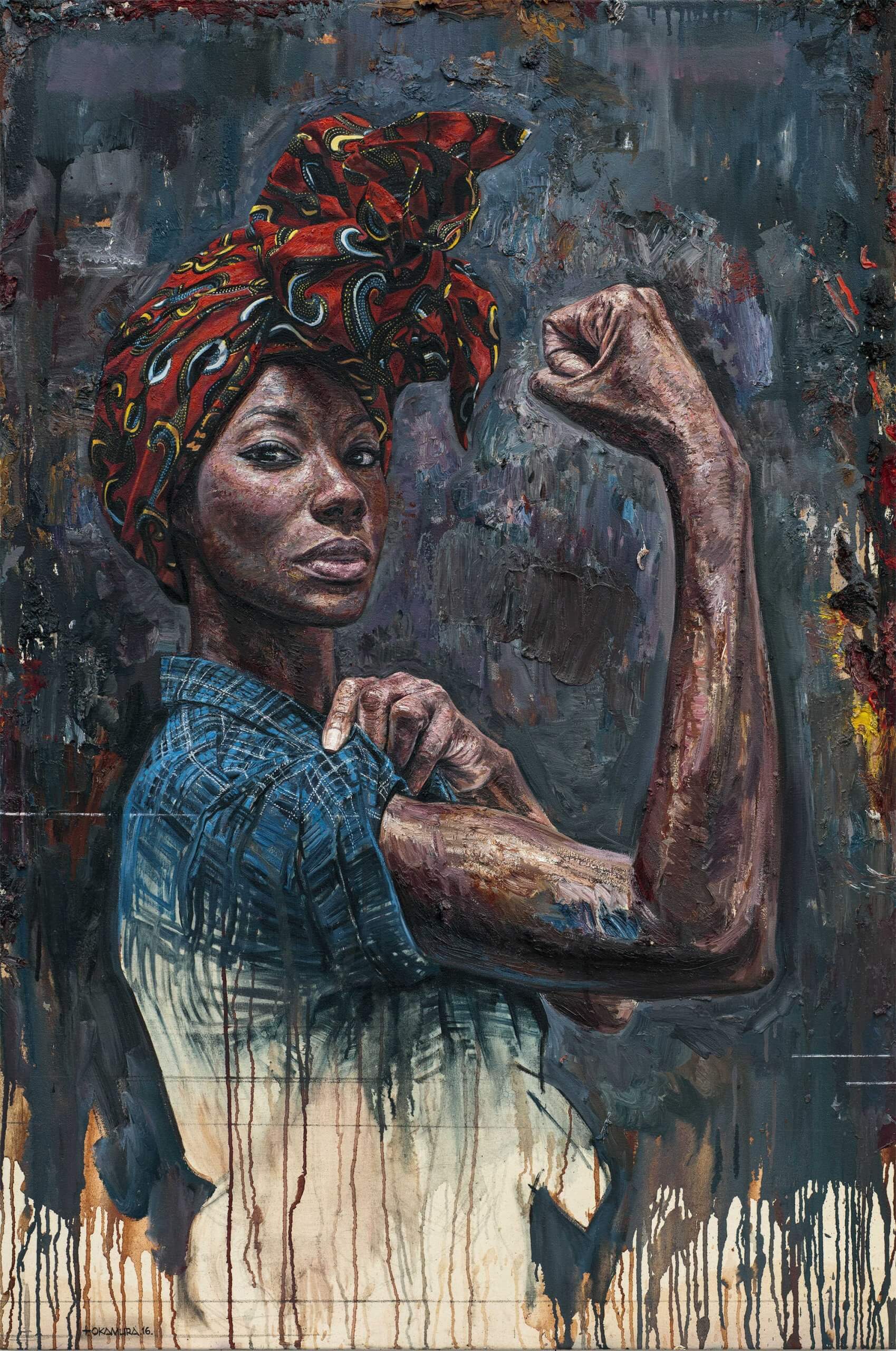 Pintura de mujer negra representado a Rosie la Remachadora famoso cuadro we can do it