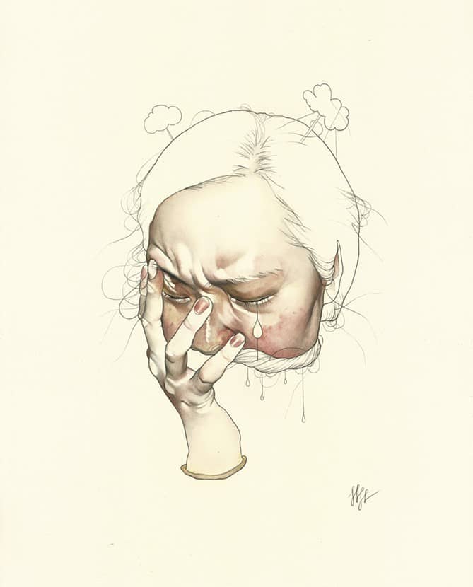 Mujer con mano en la cara, pintura de haejung lee