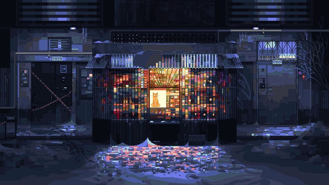 Ilustracion pixel art de una calle oscura con una tienda iluminada