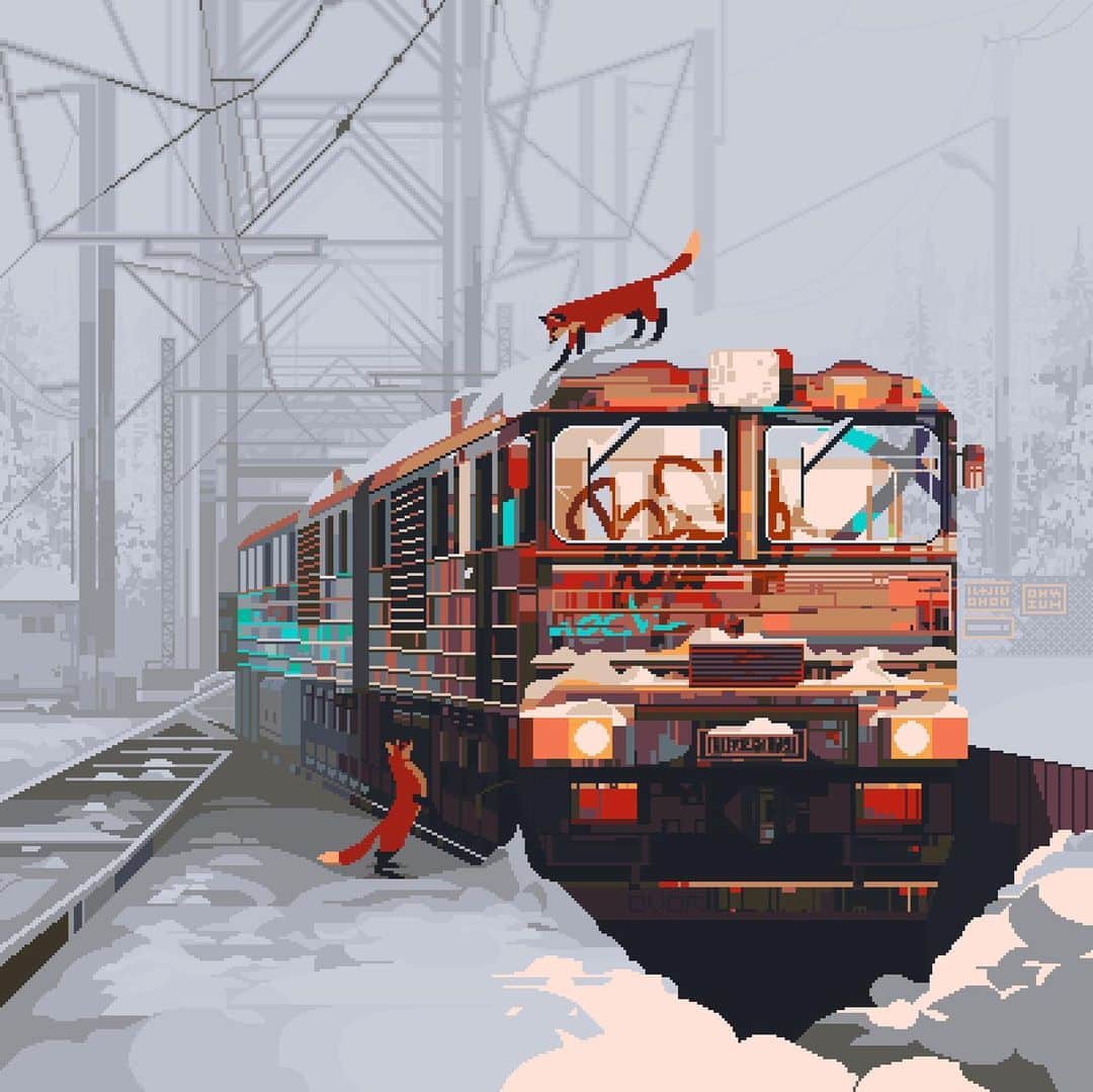Ilustracion pixel art de un tren graffiteado en medio de la nieve hecha por 6VCR