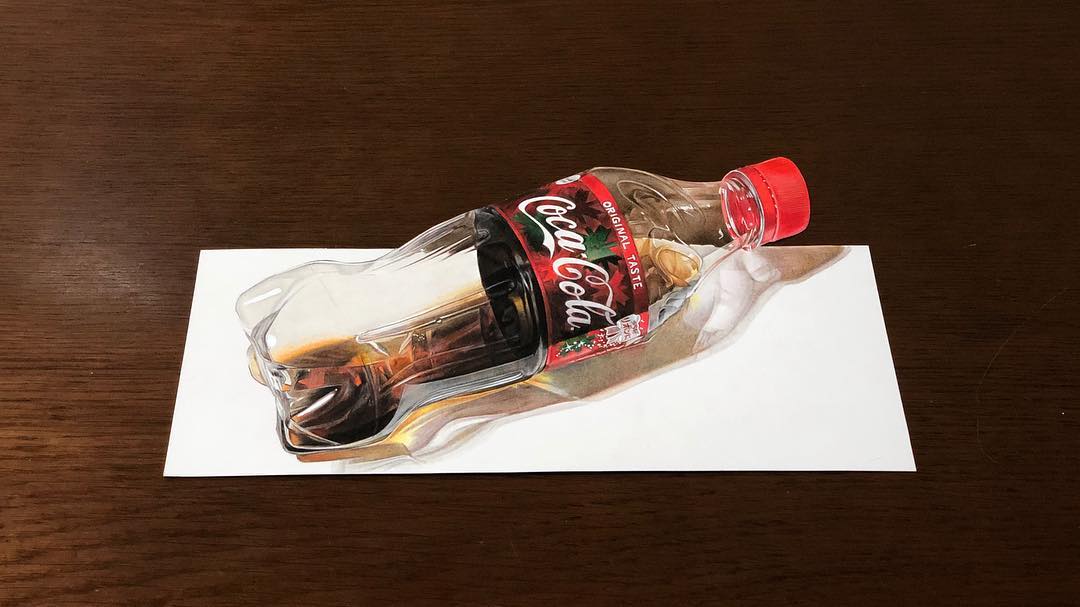 keito dibujo hiperrealista 3d coca cola botella plastico