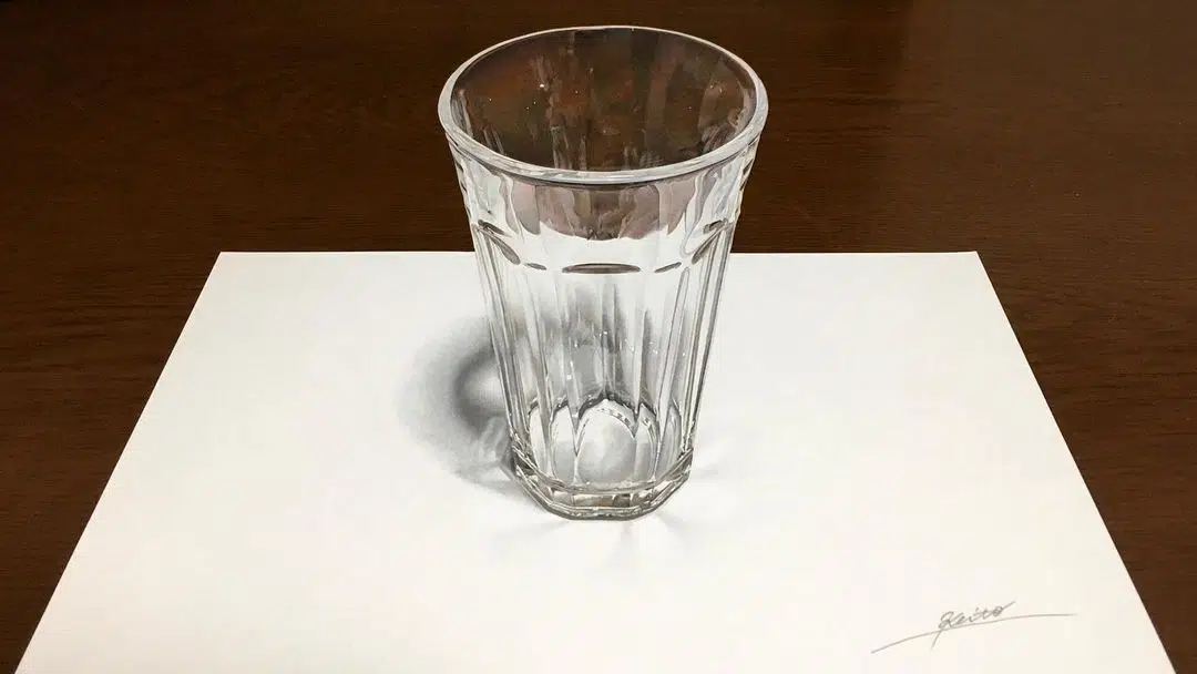 dibujo hiperrealista de un vaso de vidrio 
