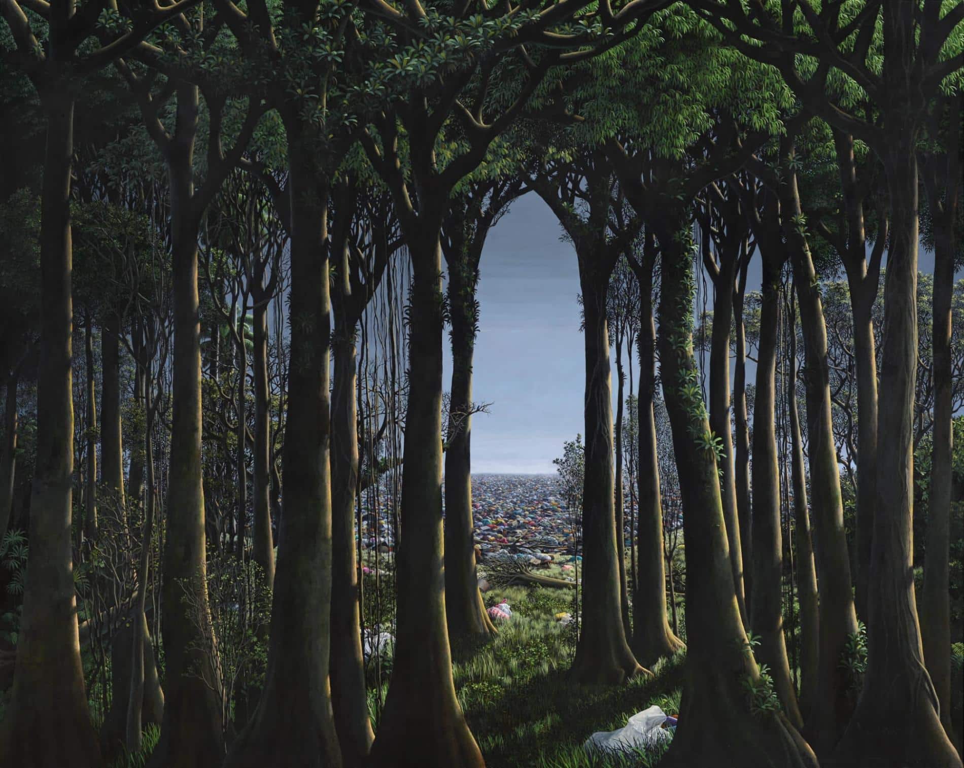bosque en la obra de paisaje de tomas sanchez artista que pinta en acrilico