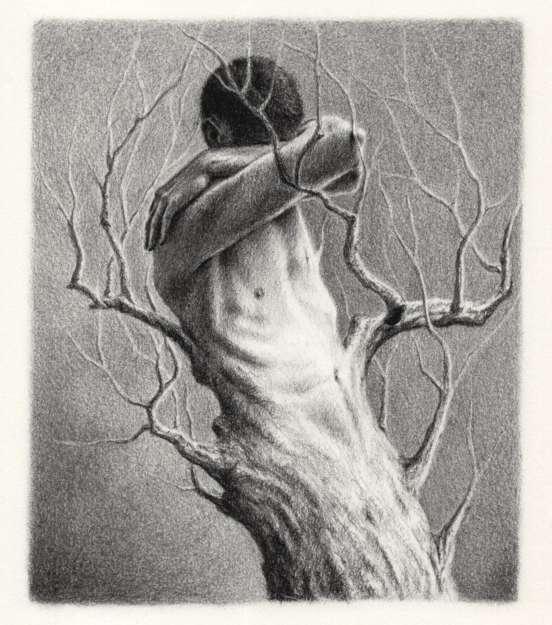 ilustracion en blanco y negro surreal cuerpo de hombre y naturaleza