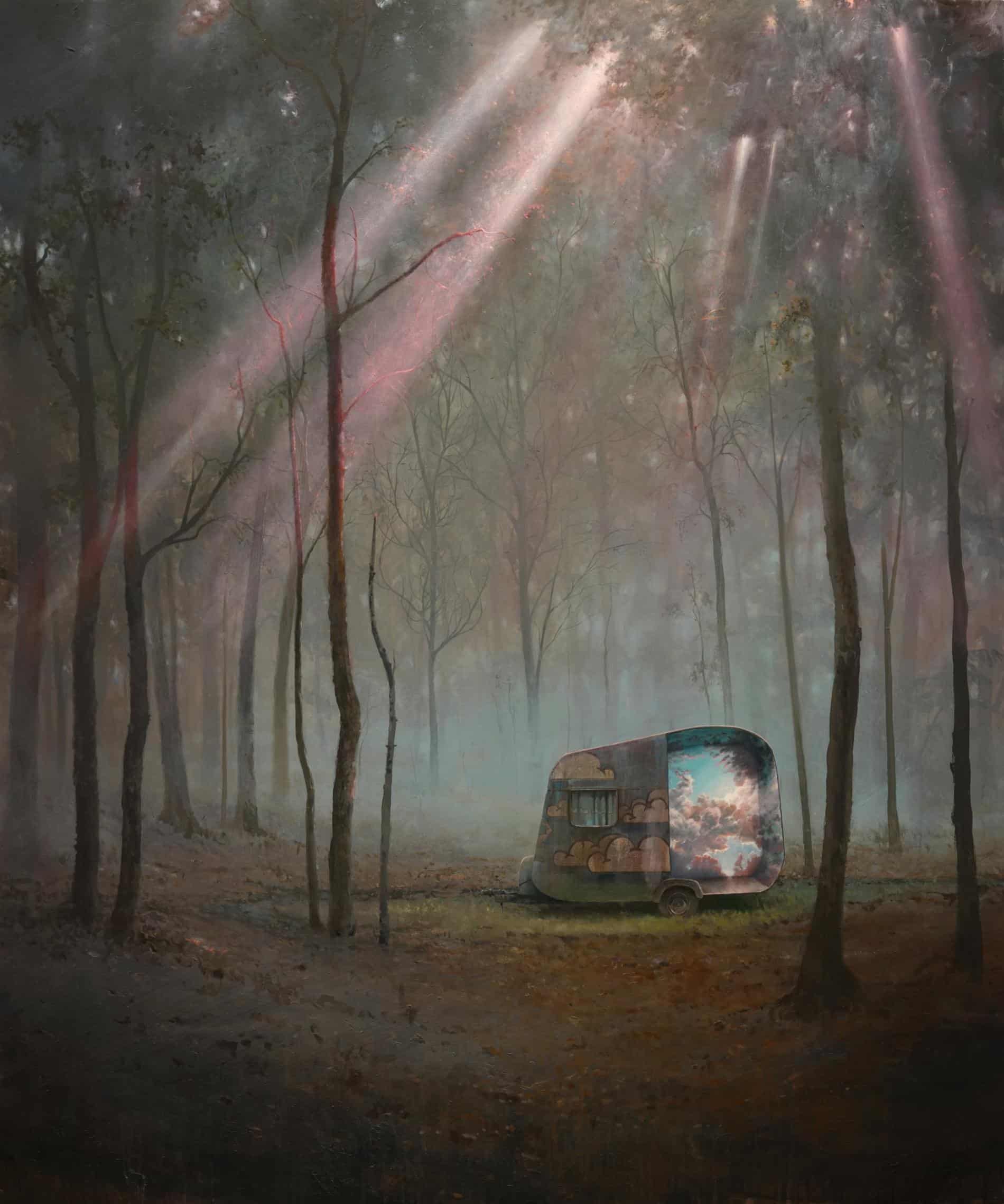 Dibujo de un bosque con una caravana abandonada y pintada con un graffiti pintado por Andrew McIntosh