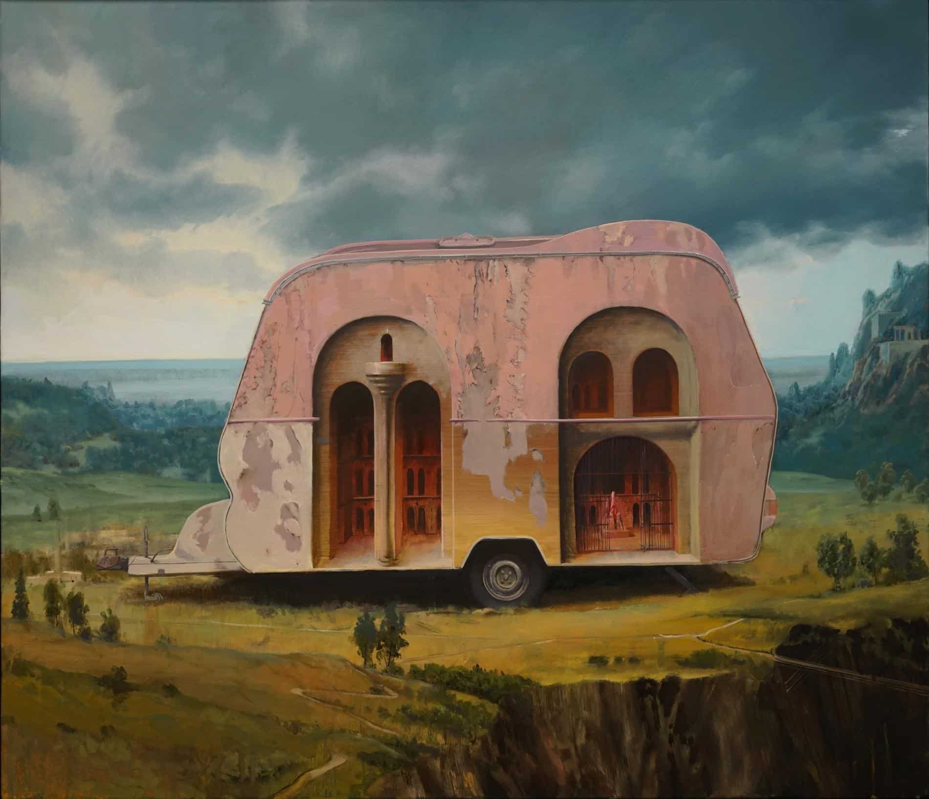 Pintura de una caravana con el efecto óptico hacia una estructura antigua