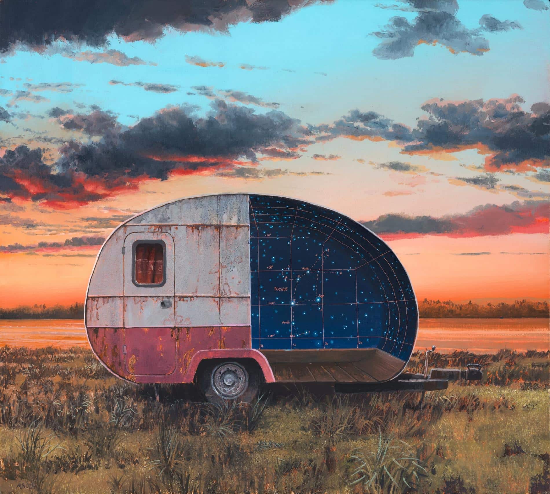 Pintura al oleo de una caravana abandonada con un mapa estelar hecho por Andrew McIntosh
