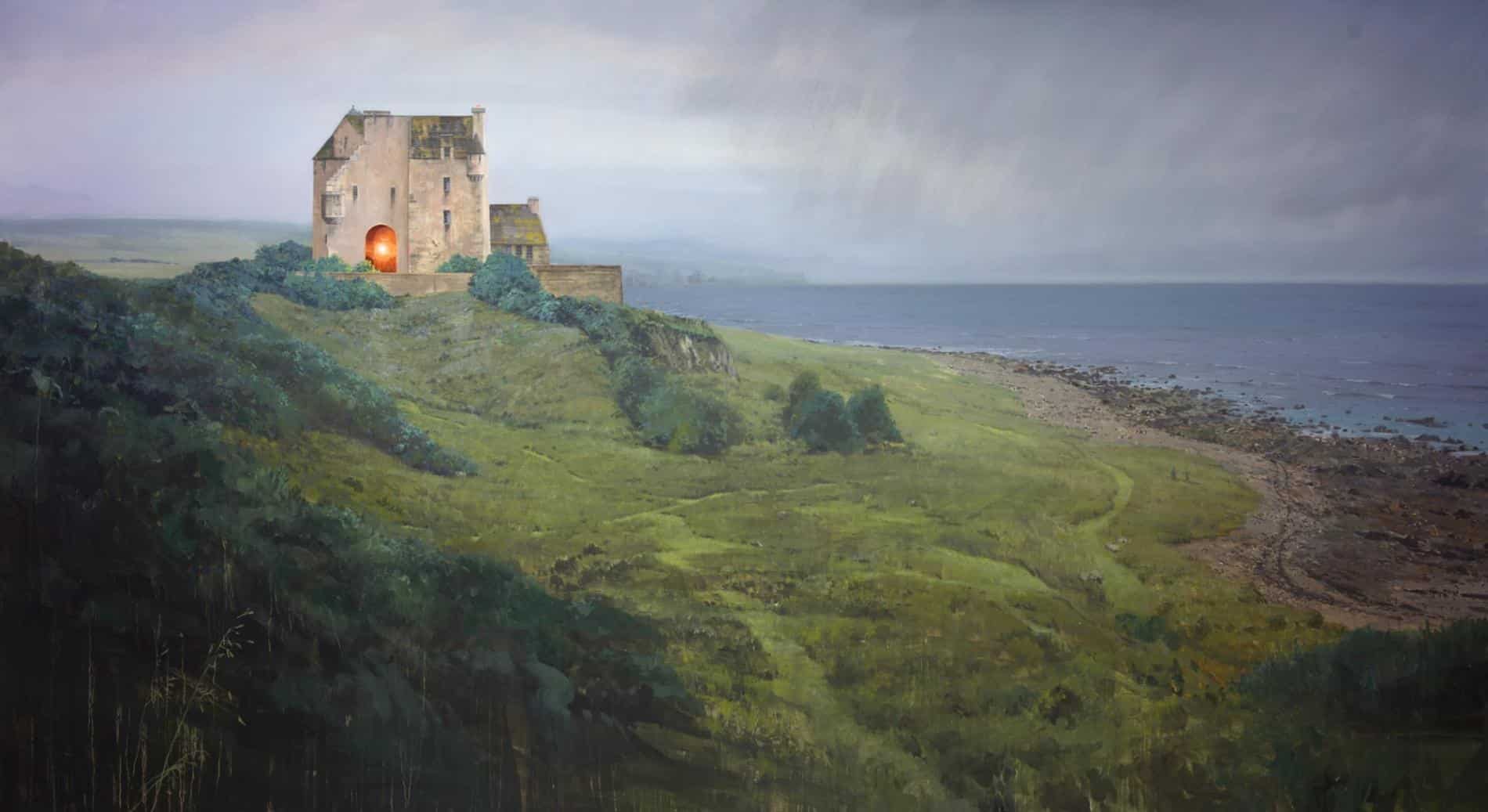 Pintura de un paisaje con una castillo junto al mar hecha por Andrew McIntosh