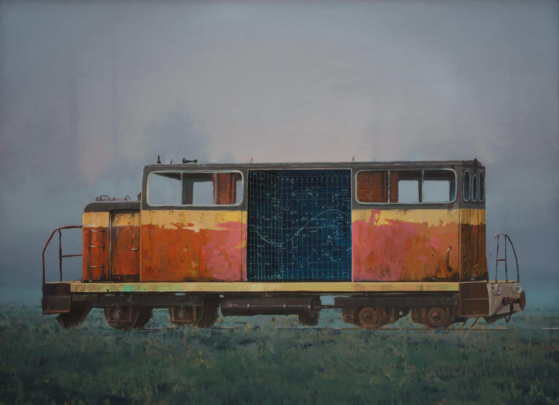 Pintura al oleo de un vagón de tren con detalles de una formula matematica hehco por Andrew McIntosh