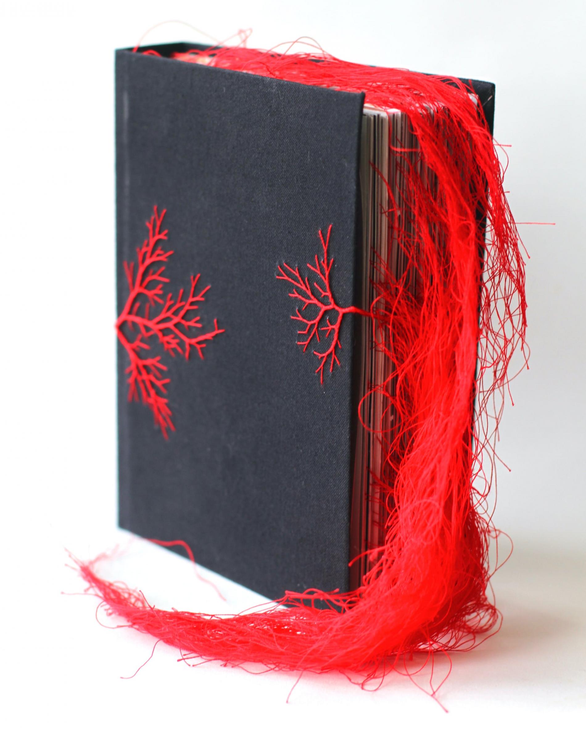 obra textil con hilo rojo que abrazado un libro rima day