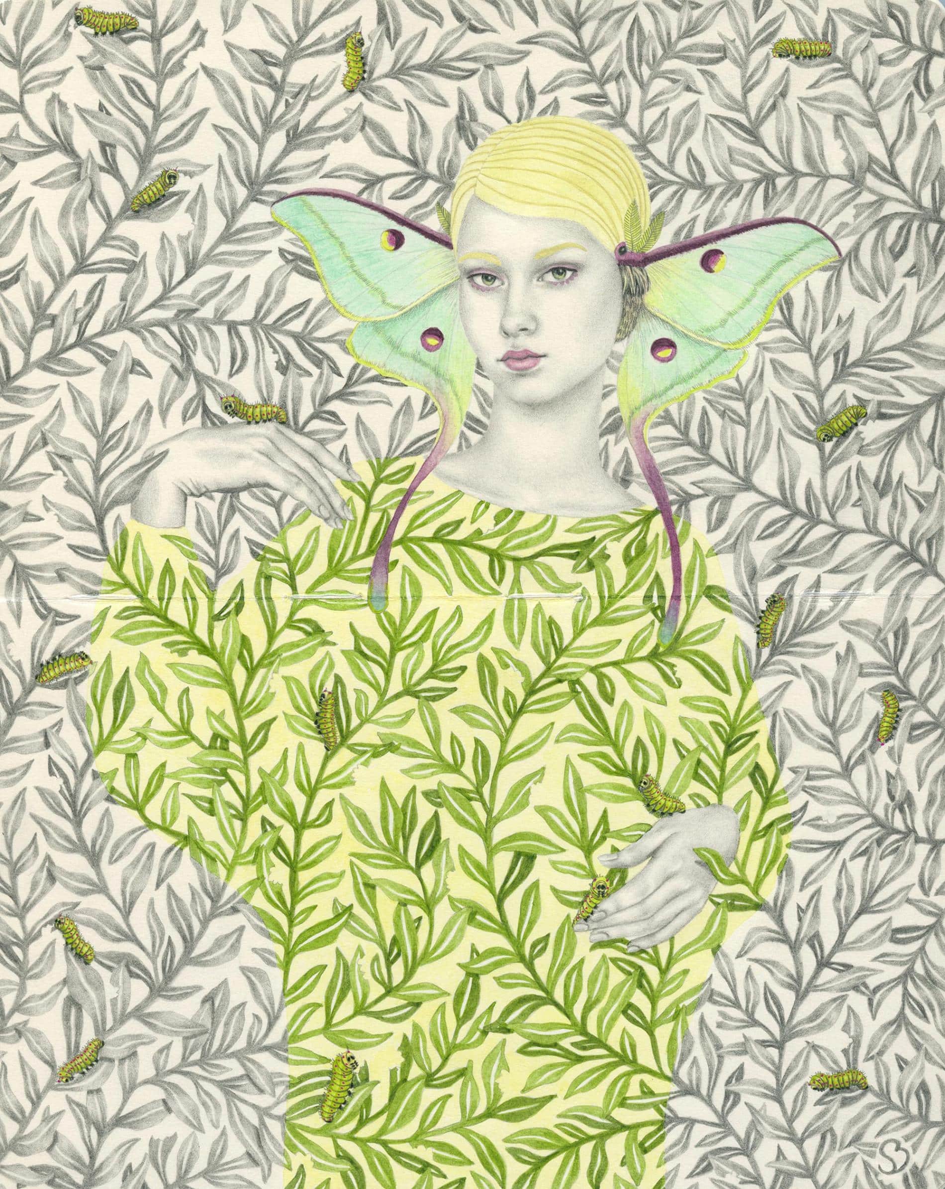 retrato de mujer sobre fondo de hojas de sofia bonati