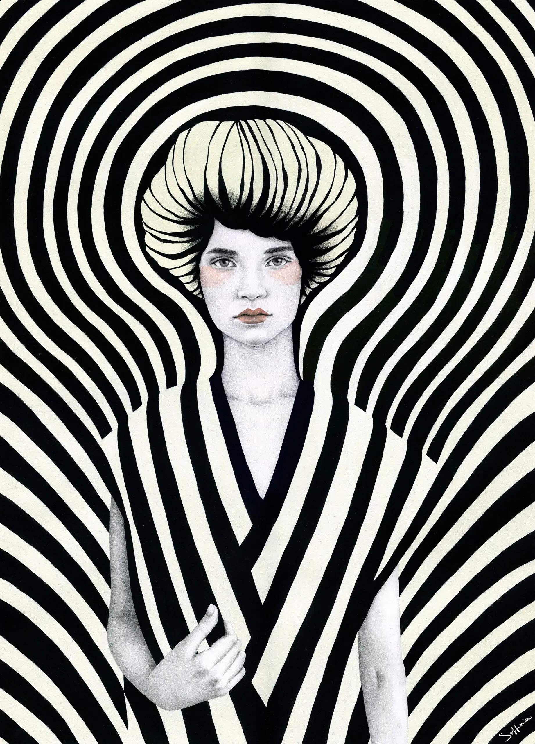 retratos hipnoticos de sofia bonati mujer sobre fondo de rayas