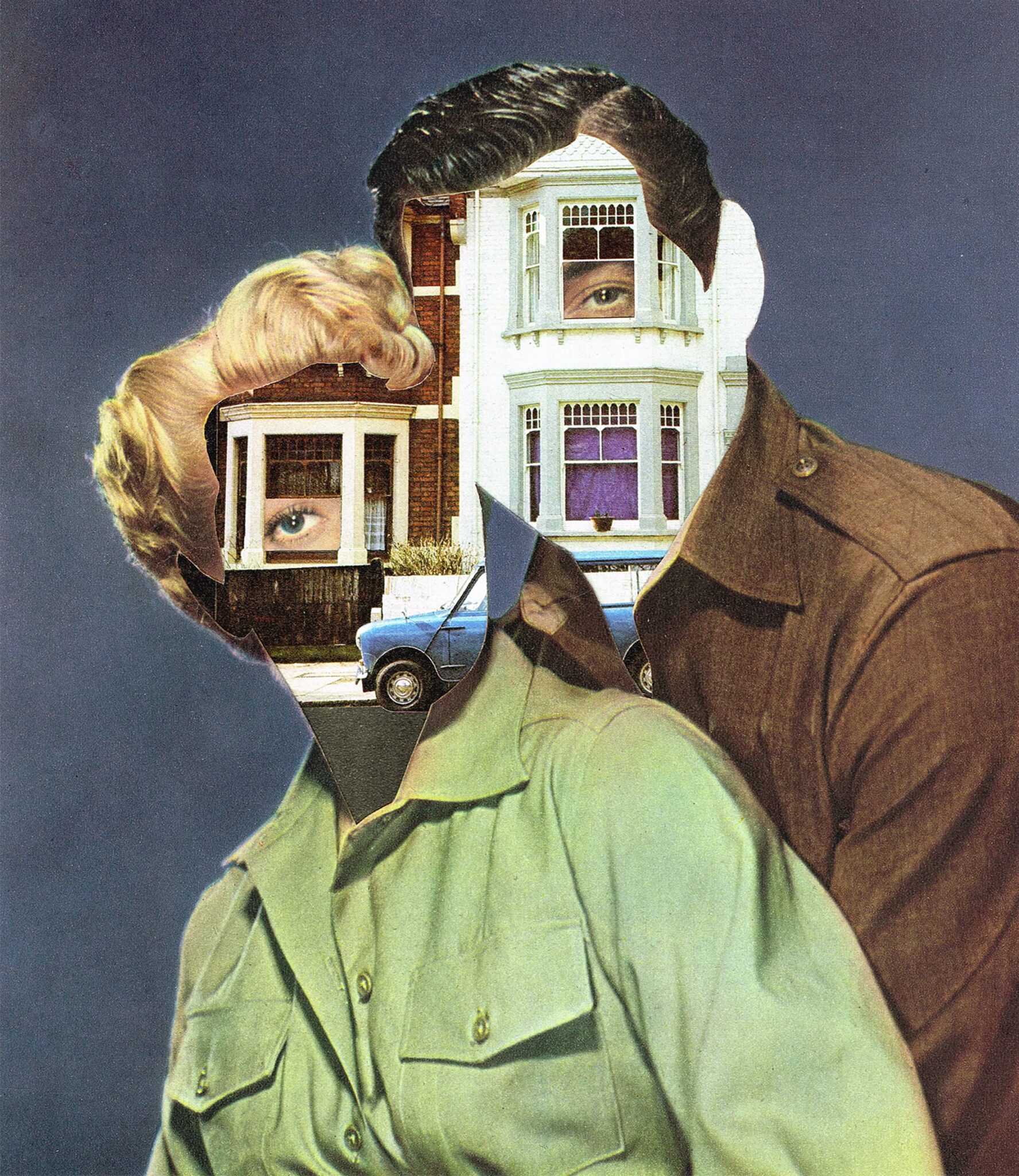 wheatcroft collage vintage pareja con recortes en su cara
