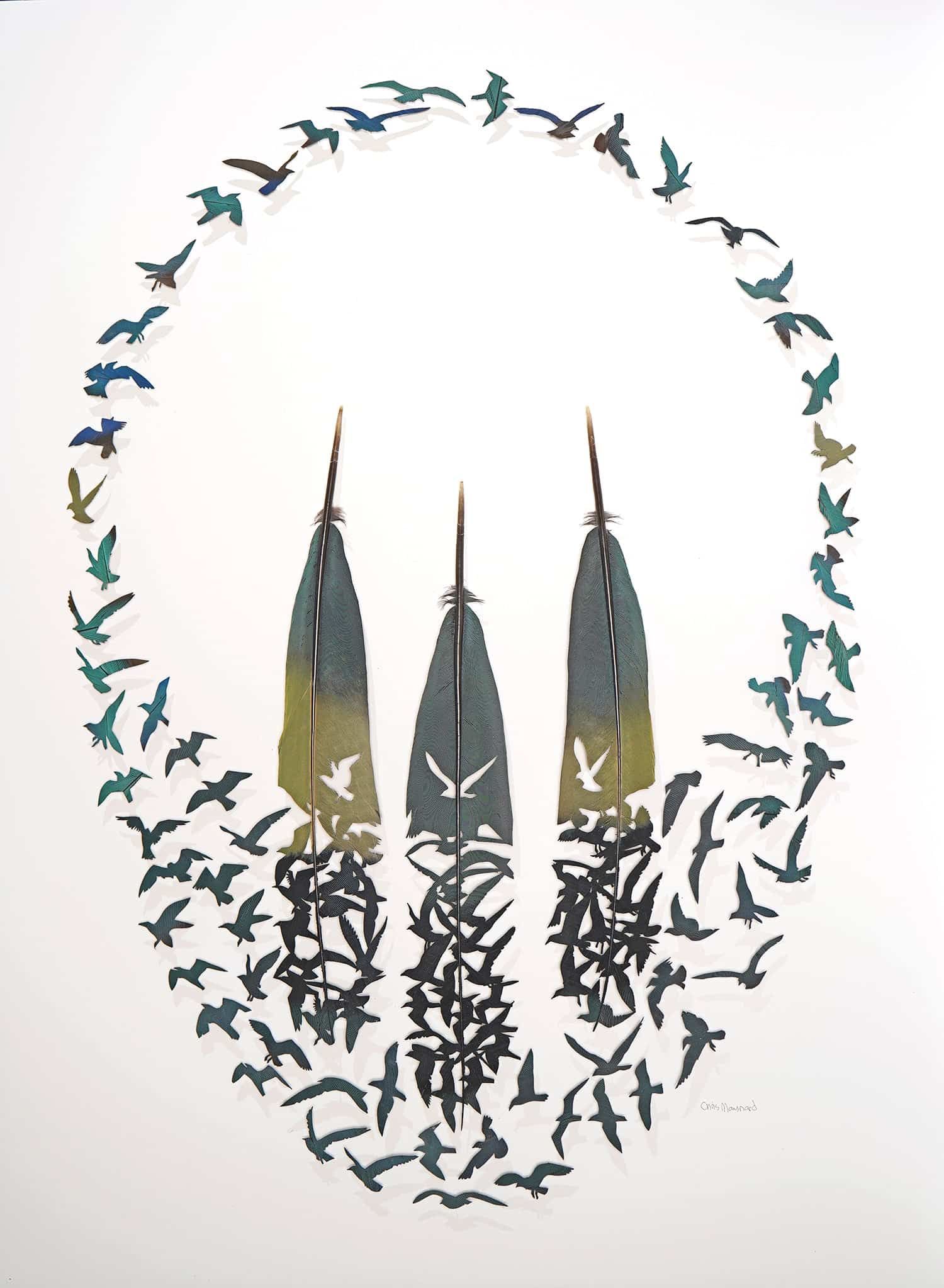 Chris Maynard hojas obra simbolica con pajaros volando en luma azul