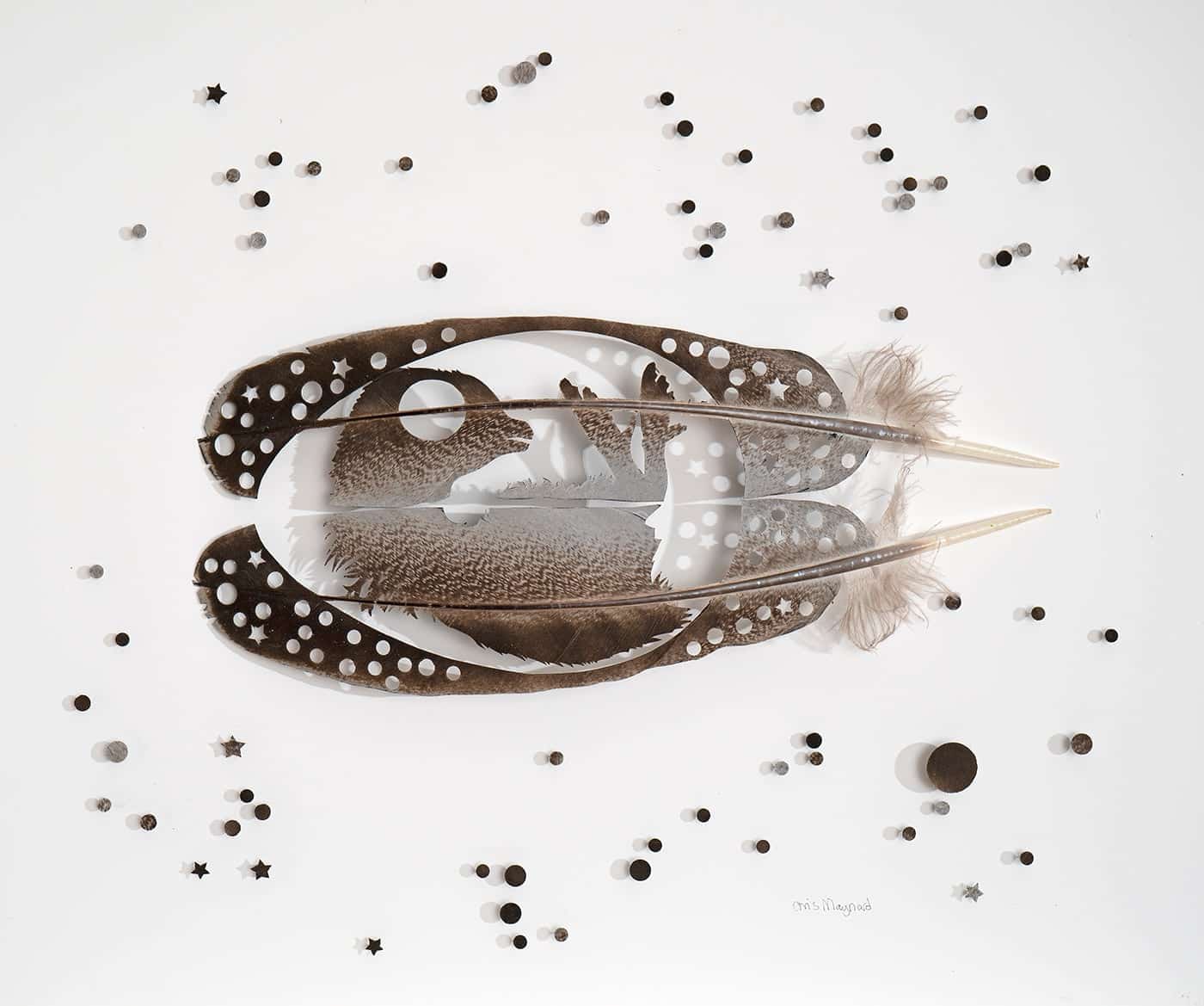 embrion hecho en plumas talladas por el artista Chris Maynard